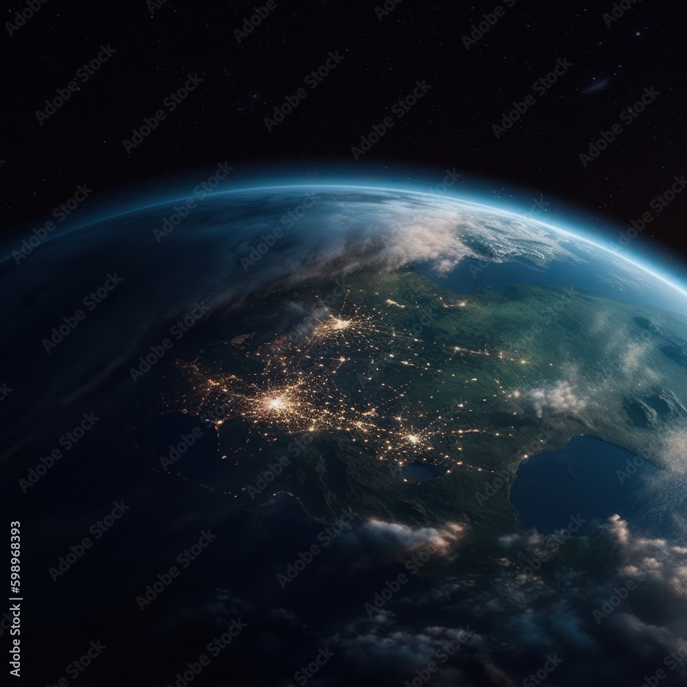 Planet Earth cutvature. Aerial view of blue planet from space. Sunrise over city lights. Generative AI Planet Earth cutvature. Aerial view of blue planet from space. Sunrise over city lights. Generative AI