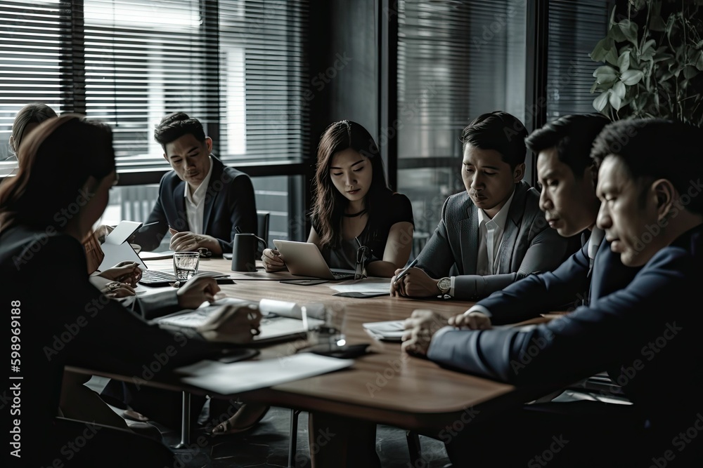 Business Executives Engaged in Informal Talks during Meeting by Generative AI Business Executives Engaged in Informal Talks during Meeting by Generative AI