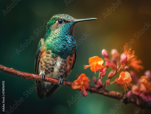 Hummingbird Embracing Nature's Splendor. Mesmerizing macro photograph showcasing a Trochilidae perched on a branch, enjoying a flower in a spring background. Nature concept AI Generative
