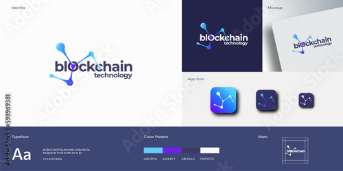 Blockchain Technology Absrtract Vector Sign, Symbol Logo Template. Conected Spheres Chain Gradient Icon Identity Guide with Modern Typography mockup and app icons background layout
