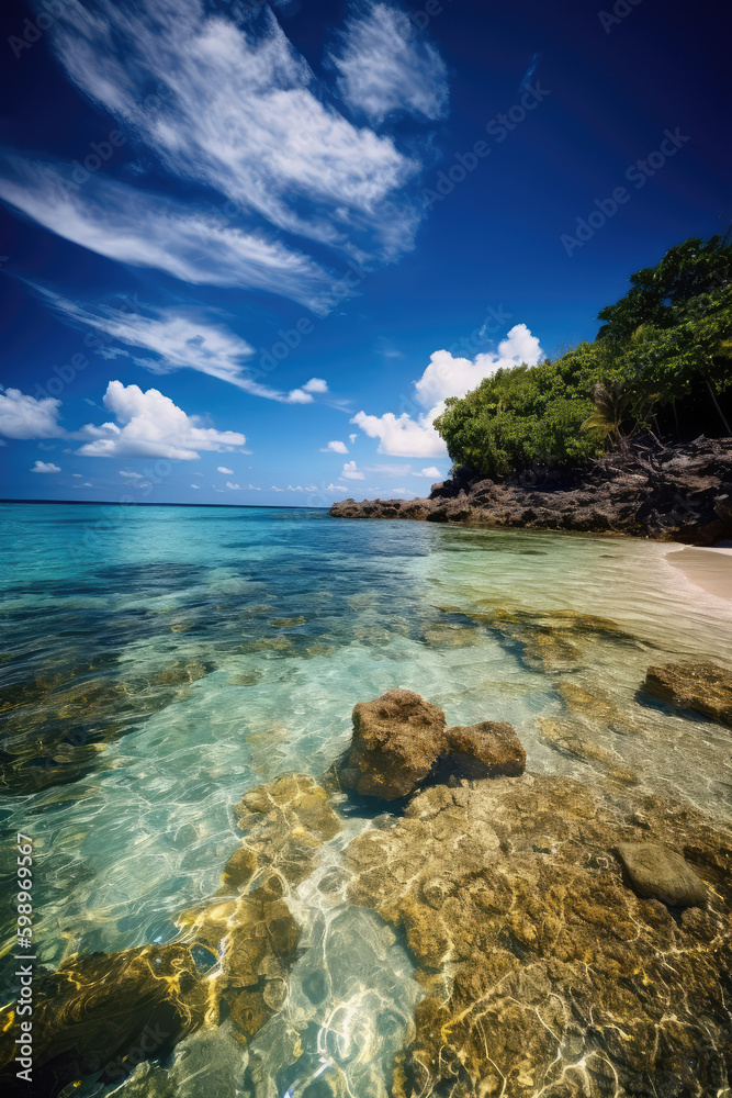 Tropical Tranquility: Low Angle Shot of a Beach and Blue Sky Landscape, Near the Water - A Nature Paradise with Sandy Shores, Offering Seaside Bliss on Vacation.




