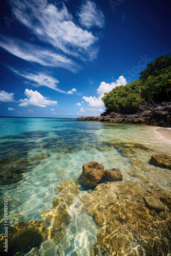 Tropical Tranquility: Low Angle Shot of a Beach and Blue Sky Landscape, Near the Water - A Nature Paradise with Sandy Shores, Offering Seaside Bliss on Vacation.