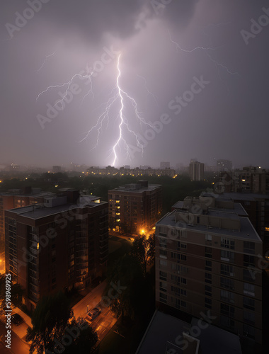 Epic Tempest: The Sky Laden with Threatening Images, Thunder, and Lightning During Superstorm Roscoe - An Ethan Van Sciver-Esque Urban Cityscape Unveiling Nature's Dramatic Fury.


 photo