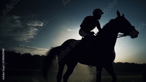 Canvastavla Nighttime Thrill: Silhouette of Thoroughbred and Jockey in Horse Racing Action