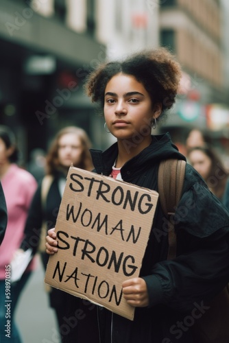 Stunning portrait of a young black woman in a dark parka jacket, holding a 'Strong Woman Strong Nation' sign in a bustling shopping street. Created with generative A.I. technology.