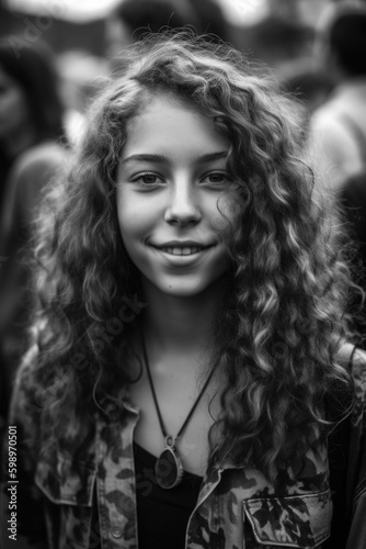 Stunning black and white portrait photograph of a young woman at her first festival experience, capturing the energy and excitement of the music and atmosphere. Created with generative A.I. technology