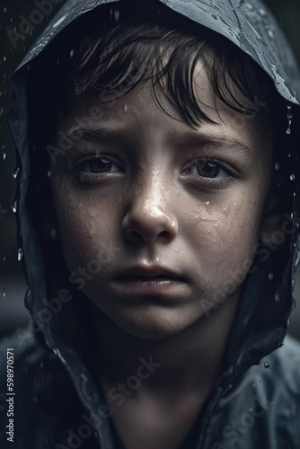 Stunning photography of a young boy with a sad face, full of raindrops in close-up, viewed through heavy rain fall. Created with generative A.I. technology.