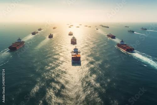 A busy industrial pier lined with colossal container ships, their holds packed with stacks of cargo containers ready for shipment. generative AI.
