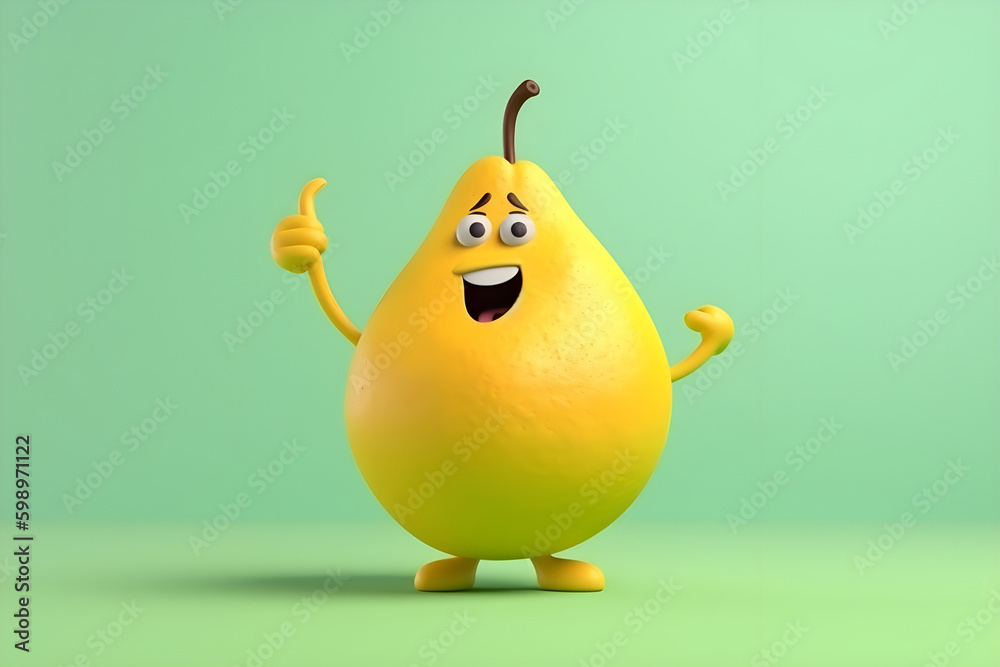 Cheerful cartoon pear character with cute smile. Sweet pear fruit, happy funny food personage. Healthy food concept. Generative AI. Cheerful cartoon pear character with cute smile. Sweet pear fruit, happy funny food personage. Healthy food concept. Generative AI.