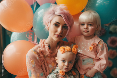 A young beautiful mother enjoying with her sweet children in front of flowers wall, motherly love through kisses and hugs on pastel pink background. Family happiness. Generative AI.