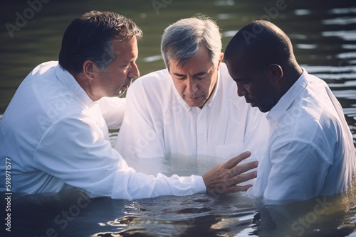 Two pastors baptize a man in the name of Christ. Baptism religion concept. Generative Ai..
