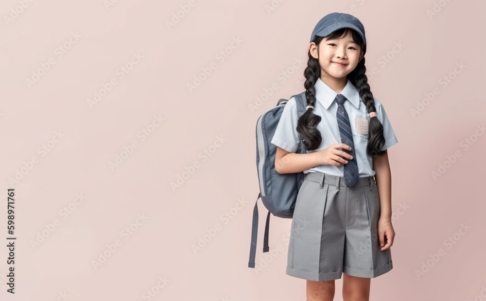 Happy asian pupil child with backpack and workbooks and apple lunch in uniform. School girl student banner. Schoolgirl portrait with copy space. Generative Ai. Happy asian pupil child with backpack and workbooks and apple lunch in uniform. School girl student banner. Schoolgirl portrait with copy space. Generative Ai.