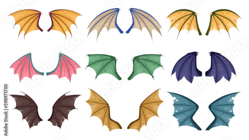 Cartoon dragon wings. Fantasy dragon flying wings, fairy reptile animal wings flat vector illustration set. Flying dragons pair of wings