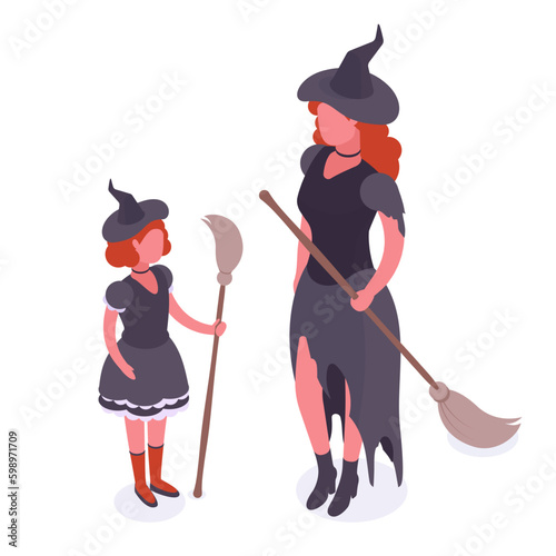 Isometric mom and daughter wearing witch costumes. Halloween party masquerade characters, trick or treat night 3d vector illustration