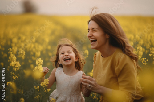 A young beautiful mother enjoying with her daughter in the spring flower meadow, motherly love through kisses and hugs on flowers landscape background. Family happiness. Generative AI.