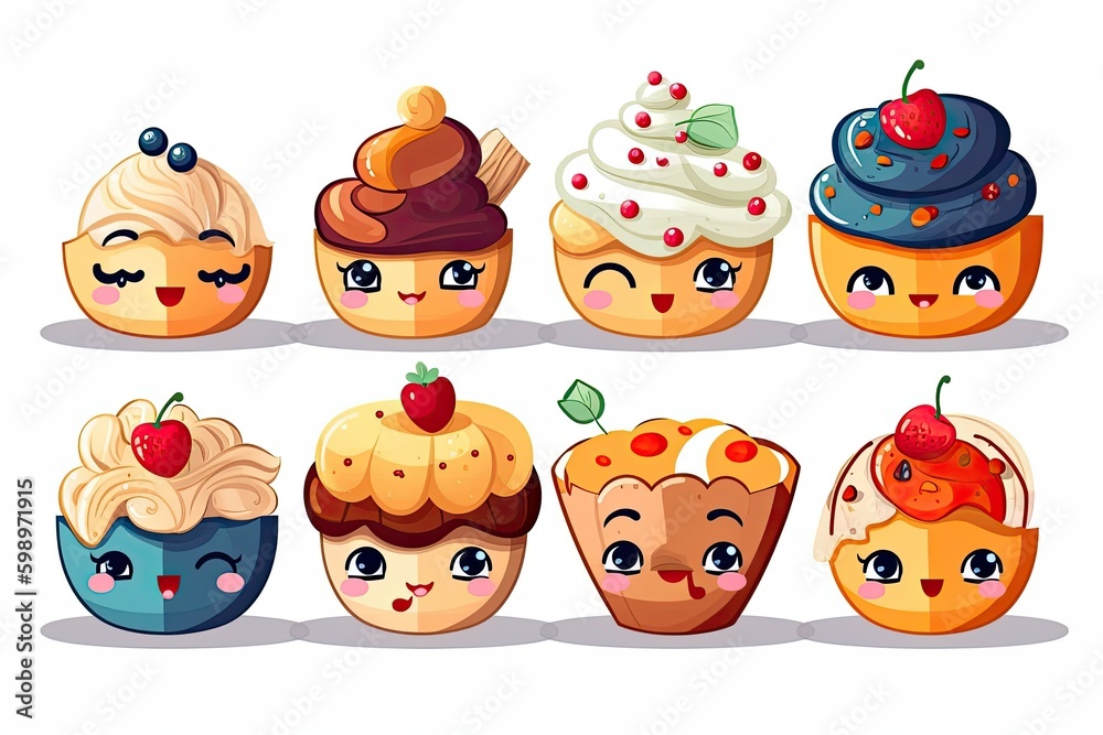 Set of cute sweet cakes isolated on white background, cartoon illustration. Generative AI