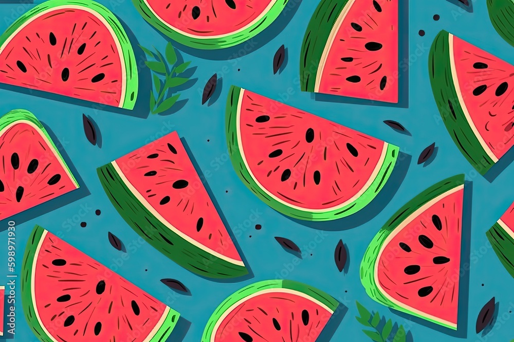 Pieces of ripe watermelon on a blue background, summer illustration. Generative AI Pieces of ripe watermelon on a blue background, summer illustration. Generative AI