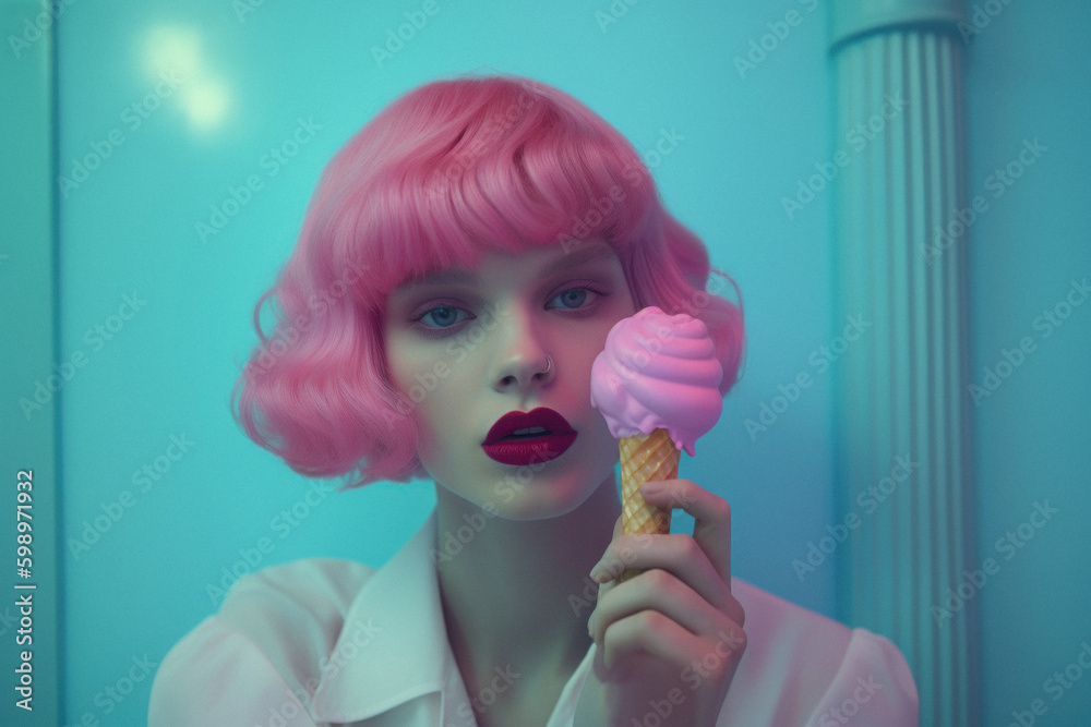 Summer creative tropical portrait of young beautiful girl pink hair enjoying exotic refreshment, delicious ice cream in cone melting on pastel blue background. Generative AI. Summer creative tropical portrait of young beautiful girl pink hair enjoying exotic refreshment, delicious ice cream in cone melting on pastel blue background. Generative AI.