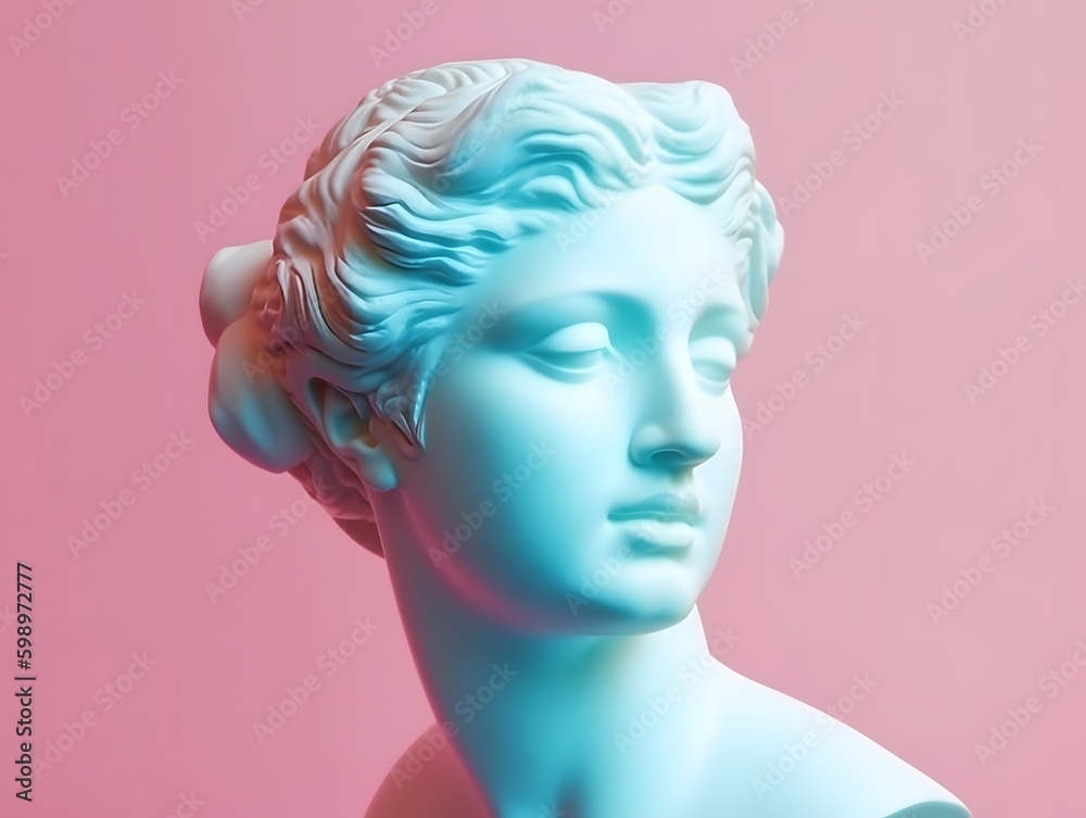 Gypsum ancient statue of Venus de Milo in pastel tone on pastel background. Plaster sculpture of a woman's face. Love, beauty, feminism. Y2K Modern Art Style. Generative Ai.