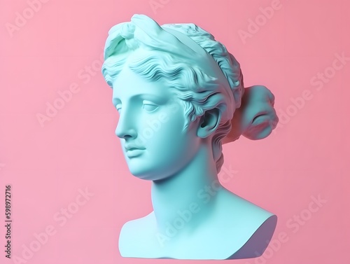 Gypsum ancient statue of Venus de Milo in pastel tone on pastel background. Plaster sculpture of a woman's face. Love, beauty, feminism. Y2K Modern Art Style. Generative Ai.