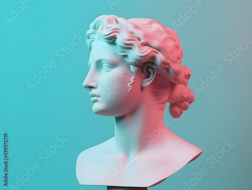 Gypsum ancient statue of Venus de Milo in pastel tone on pastel background. Plaster sculpture of a woman's face. Love, beauty, feminism. Y2K Modern Art Style. Generative Ai.