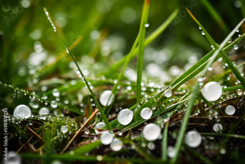dew drops on green grass generative ai