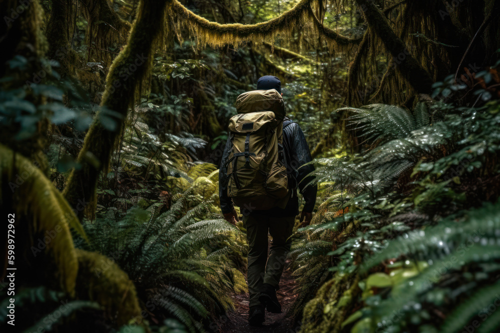 man hike on green jungle forest , active lifestyle study nature generative ai