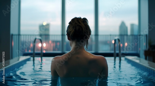 Back View of Girl Swimming in Glass Pool with Metropolis Below - Generative Ai