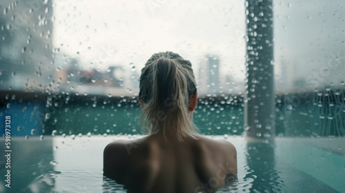 Back View of Beautiful Girl in Glass Pool with City View - Generative Ai photo