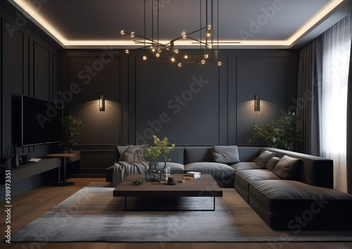 The modern living room is decorated with stylish appliances and abstract wall decoration. A very cozy living room equipped with everything for home comfort. AI generated illustration.