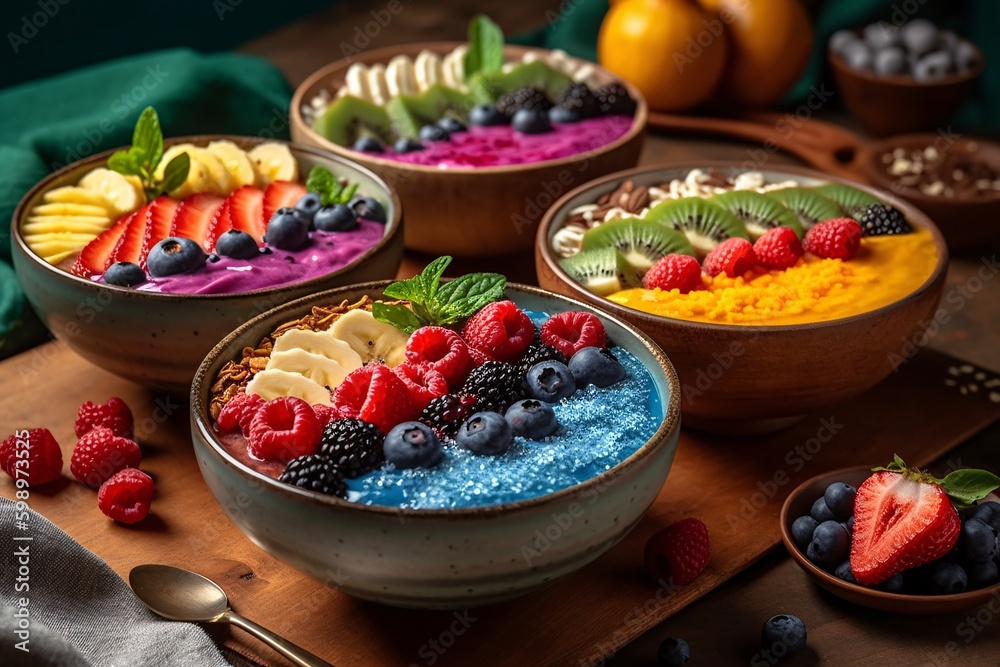 Image of colorful smoothie bowls with fresh fruit toppings. Generative Ai.