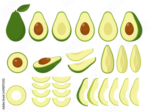 Set of fresh whole, half, sliced avocado isolated on white background. Organic food.