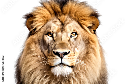 Close-up of a lion in front of a white background. Generative AI. © Nataliia