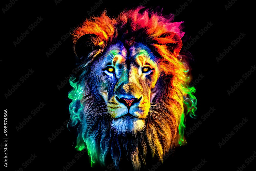 Lion head with colorful smoke on a black background. Generative AI.