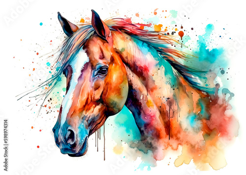 Horse head on watercolour background, drawn watercolour illustration. Generative AI.