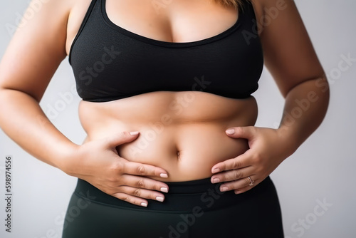 overweight woman in sportswear with mild obesity holding her stomach generative ai