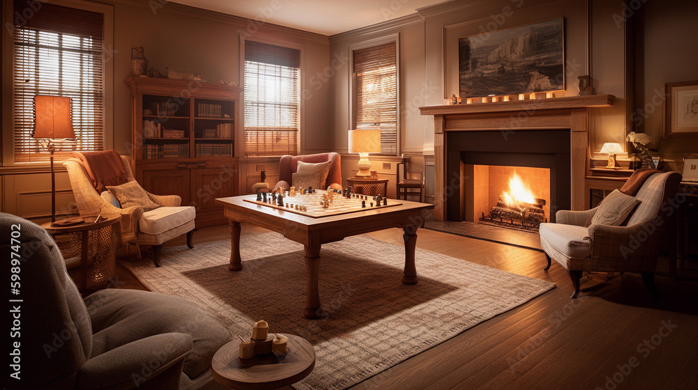 Cozying Up in the Living Room: A Warm and Welcoming Space with a Fireplace and a chess board, generative AI Cozying Up in the Living Room: A Warm and Welcoming Space with a Fireplace and a chess board, generative AI