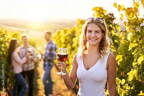 Portrait of a young, millennial woman holding a glass of organic bio red wine outdoors in a vineyard with her friends in the background - Vine-growing, and wine-tasting concept