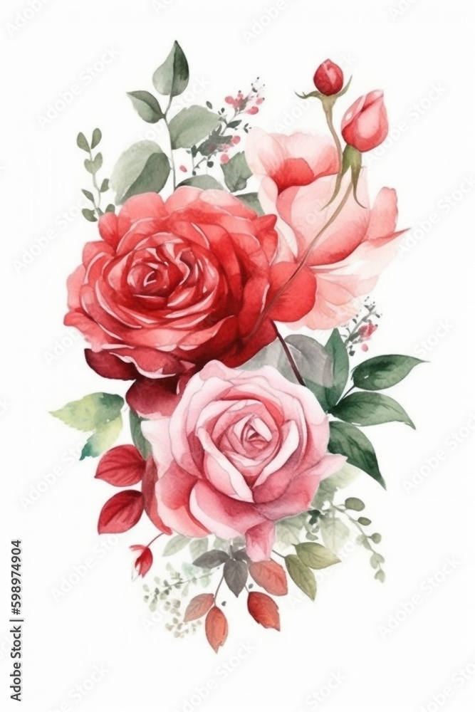 Red rose pastel watercolor painting on white background, created with generative AI