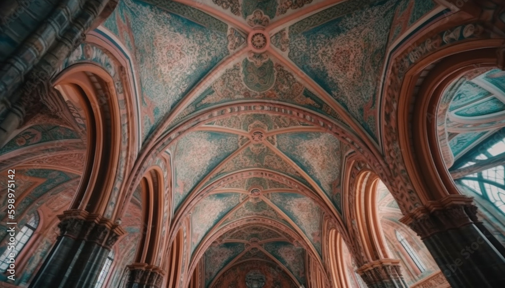 Ornate stained glass windows illuminate ancient cathedral ceiling generated by AI