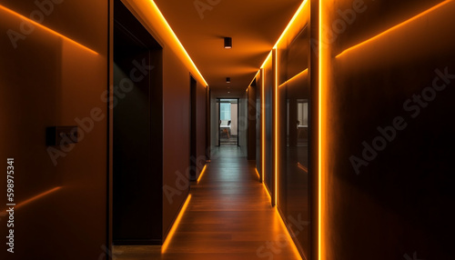 Modern architecture illuminates empty corridor with futuristic design generated by AI