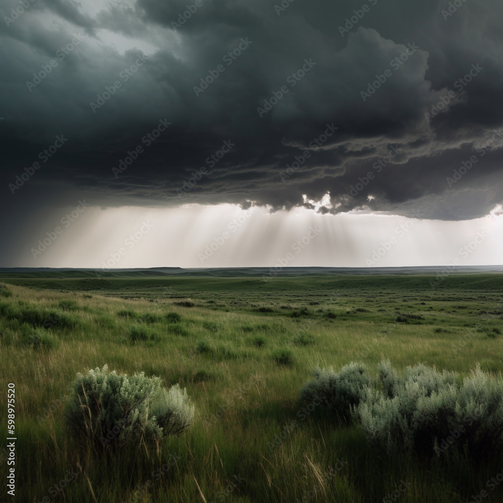 A Dramatic Thunderstorm over a Wide Open Prairie, generative AI A Dramatic Thunderstorm over a Wide Open Prairie, generative AI