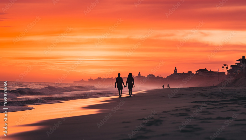 Silhouette of two people walking on beach generated by AI