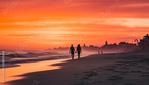 Silhouette of two people walking on beach generated by AI