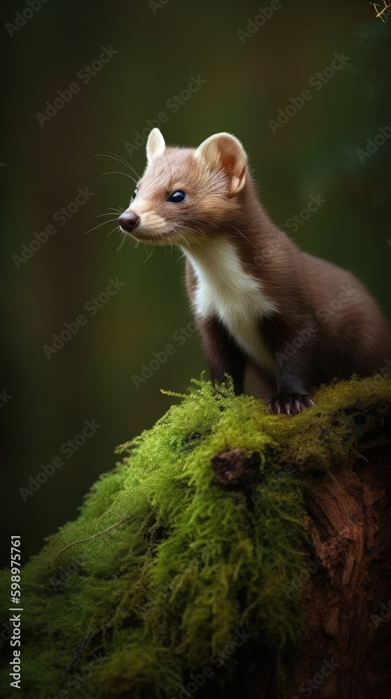 Forest Whiskers - A Cute Beech Marten Standing on a Moss-Covered Root. Generative AI Forest Whiskers - A Cute Beech Marten Standing on a Moss-Covered Root. Generative AI