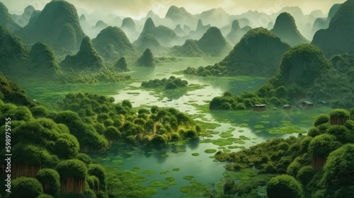 Natural Wonders: Guilin, Li River and Karst Mountains Landscape by Generative AI © jambulart