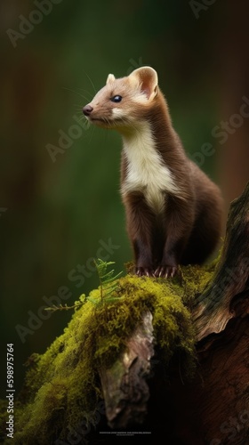 Forest Whiskers - A Cute Beech Marten Standing on a Moss-Covered Root. Generative AI © Sparrowski