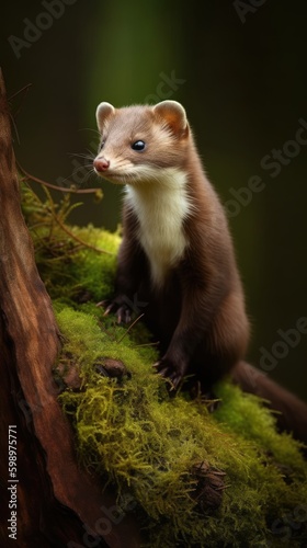 Forest Whiskers - A Cute Beech Marten Standing on a Moss-Covered Root. Generative AI