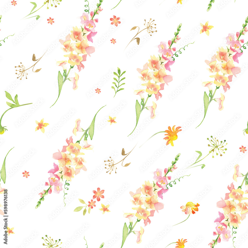 Antirrhinum  hand painted watercolor seamless pattern