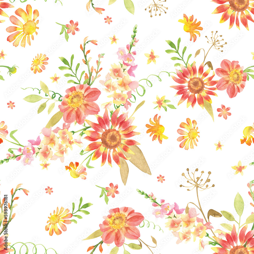 spring chamomile flowers hand paintedwatercolor seamless pattern